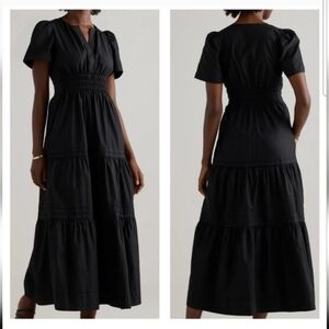 Quince Women 100% Organic Cotton Poplin Tiered Maxi Dress Black Basic Sleeved L